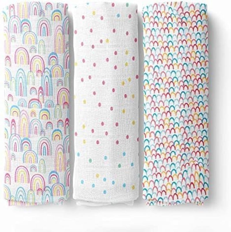 Haus Kinder 100 Cotton Muslin Swaddle for New Born BabySoft Swaddle Cloth for New Born TC250 Baby Swaddle Wrap for New Born Multicolor Muslin Cloth for New Born Baby Rainbow 3 Pc 100x100 CM