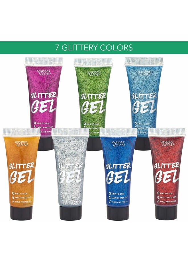 Splashes & Spills Body Glitter Paint Gel - 7 Color Costume Set for Women, Girls - 10 ml Tubes Holographic Shimmer Effect for Hair, Body, Face - Great for Festival, Costume Party, Halloween - by Splashes and Spills - Image 4