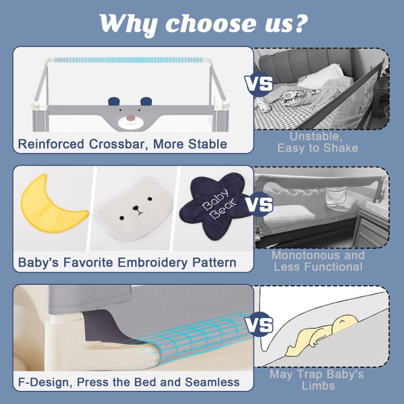 JWPEHOE 3-Piece Bed Rail for Toddlers with Headboard Rod, Adjustable Baby Bed Rail Guard (78.7 * 78.7 * 74.8 Inch-King Size) - Image 3