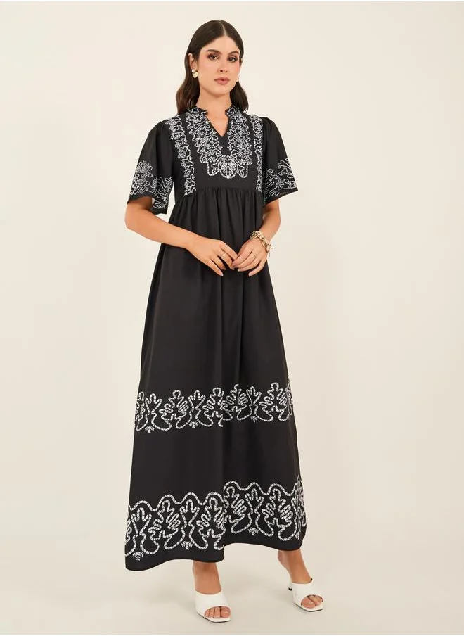 Styli Printed Puff Sleeves A-Line Maxi Dress