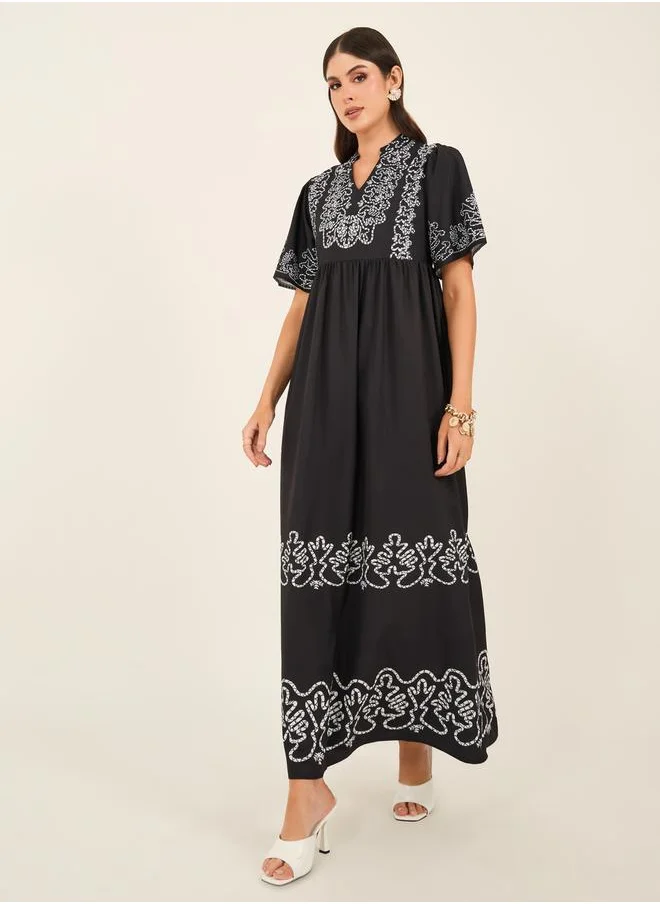 Styli Printed Puff Sleeves A-Line Maxi Dress