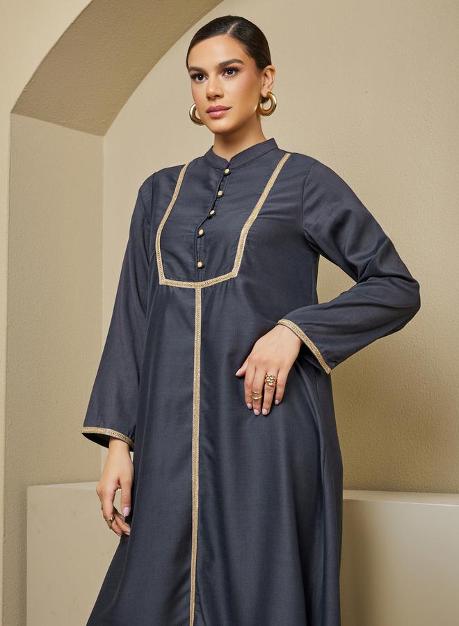 Styli Lace Detail Buttoned Mandarin Collar A-Line Jalabyia  - Image 3