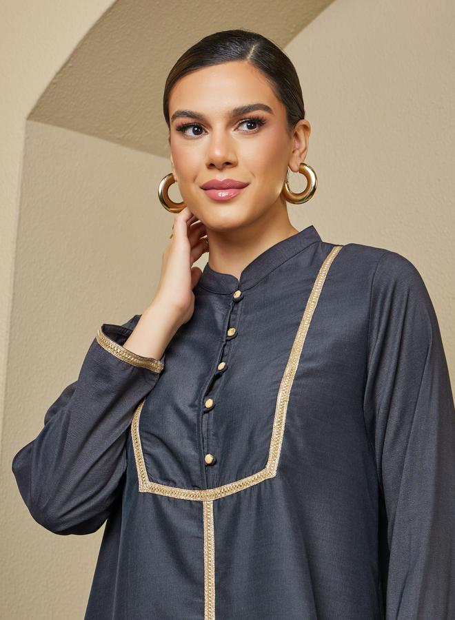 Styli Lace Detail Buttoned Mandarin Collar A-Line Jalabyia  - Image 5