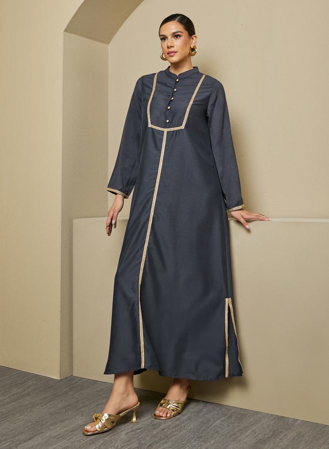 Styli Lace Detail Buttoned Mandarin Collar A-Line Jalabyia  - Image 2