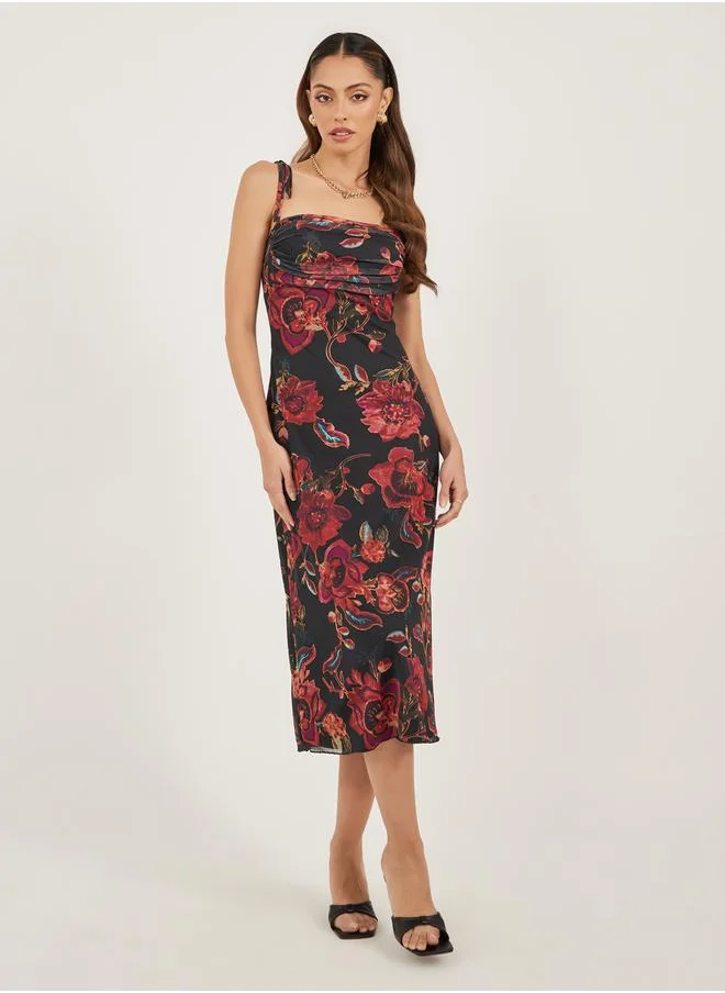 ستايلي Floral Print Ruched Strappy Sheath Midi Dress