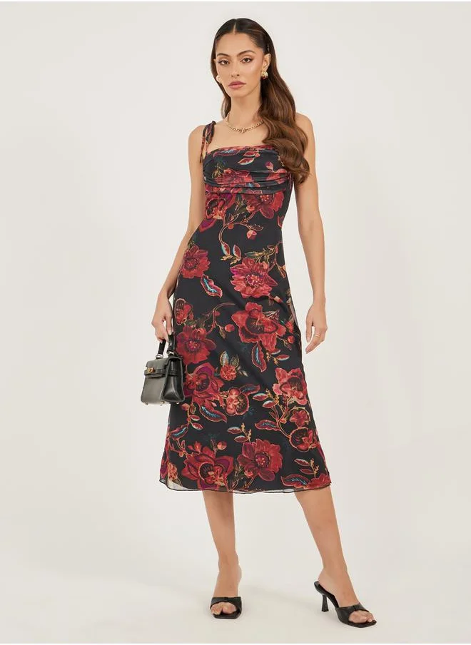 Styli Floral Print Ruched Strappy Sheath Midi Dress