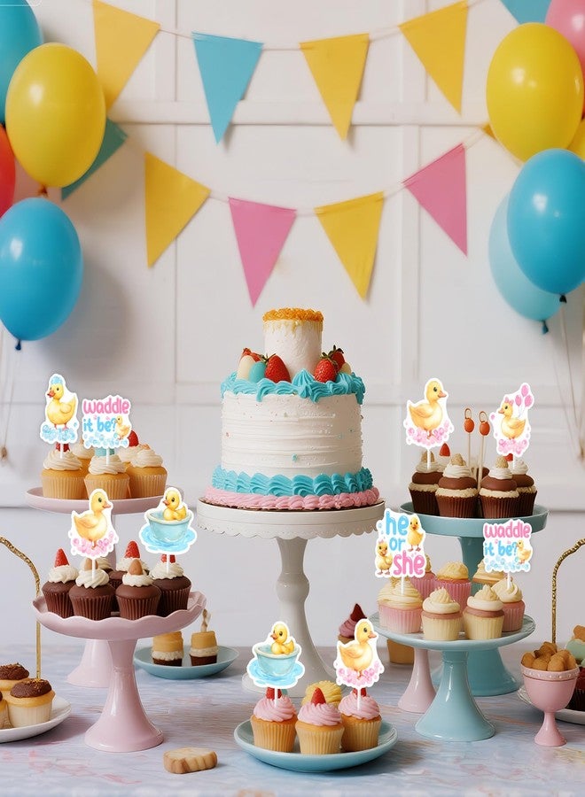 Balterever 36PCS He or She Waddle it Be Gender Reveal Cupcake Toppers Pink Blue Duck Gender Reveal Decorations for Boy or Girl Baby Shower Supplies - Image 2