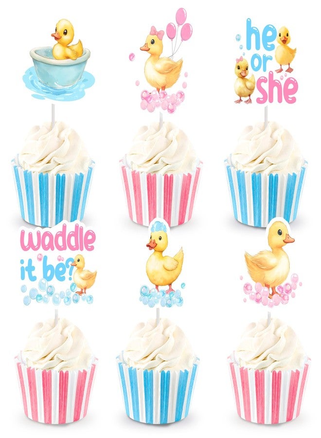 Balterever 36PCS He or She Waddle it Be Gender Reveal Cupcake Toppers Pink Blue Duck Gender Reveal Decorations for Boy or Girl Baby Shower Supplies - Image 1