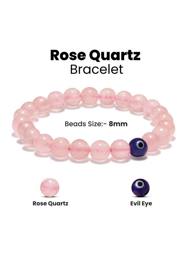 SOLAVA Original Rose Quartz Bracelet for Woman and Man with Evil Eye and Lab Certificate - Natural Energised Pink beads Bracelet, Evil Eye Bracelet for Protection, Love and Relationship - 8MM Beads - Image 4