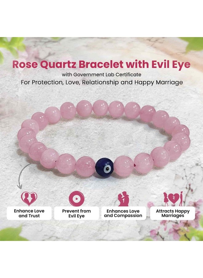 SOLAVA Original Rose Quartz Bracelet for Woman and Man with Evil Eye and Lab Certificate - Natural Energised Pink beads Bracelet, Evil Eye Bracelet for Protection, Love and Relationship - 8MM Beads - Image 2