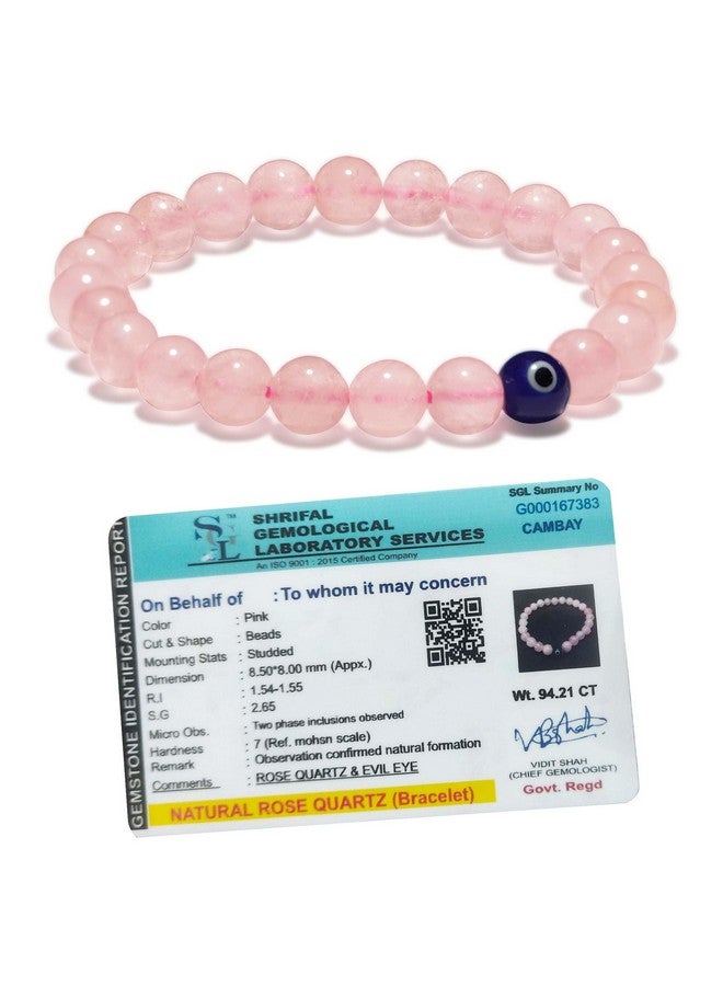 SOLAVA Original Rose Quartz Bracelet for Woman and Man with Evil Eye and Lab Certificate - Natural Energised Pink beads Bracelet, Evil Eye Bracelet for Protection, Love and Relationship - 8MM Beads - Image 1
