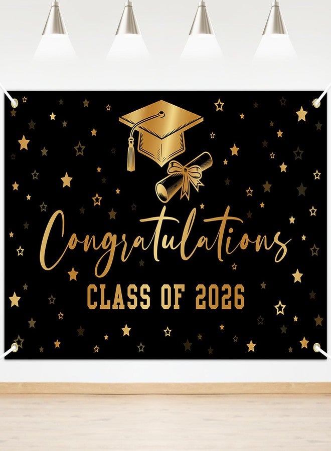 Lecheme Class of 2026 Backdrop Black Gold Congratulations Graduation Banner Congrats Grad Party Background Prom Night Photo Booth Props Graduation Party Decorations 6x3.6 ft - Image 1