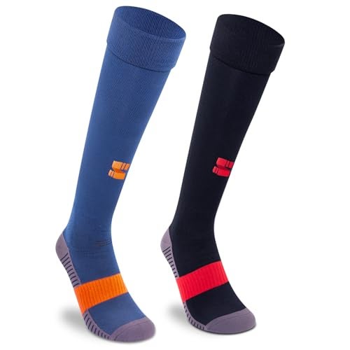Supersox Unisex Kids Football Socks-Knee Length Socks Cushioned Sole, Odour Free & Superior Grip Unim Stockings Football/Soccer, Pack Of 2 (Navy & Black, Medium (6 Years To 9 Years), Cotton) - Image 1