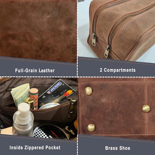 RUSTIC TOWN Full Grain Leather Travel Toiletry Bag - Cosmetic Makeup Kit Organizer (Brown) - Image 4