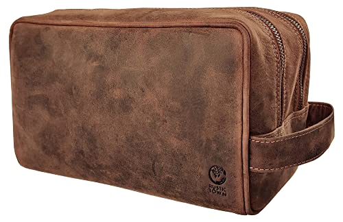 RUSTIC TOWN Full Grain Leather Travel Toiletry Bag - Cosmetic Makeup Kit Organizer (Brown) - Image 1