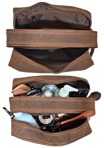 RUSTIC TOWN Full Grain Leather Travel Toiletry Bag - Cosmetic Makeup Kit Organizer (Brown) - Image 5