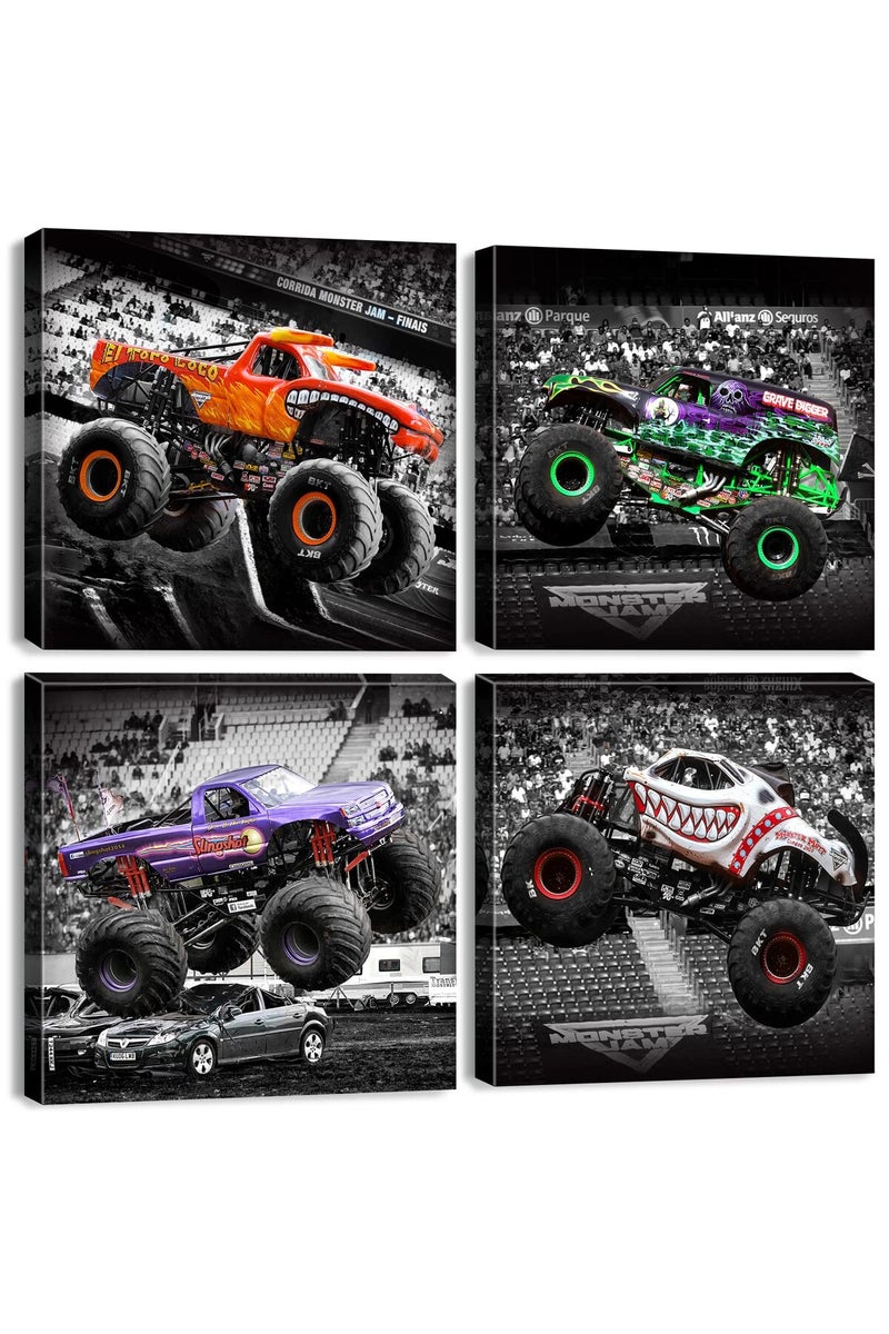 sunfrower Monster Truck Room Decor for Boys - 4 Pcs Canvas Artwork - Image 1