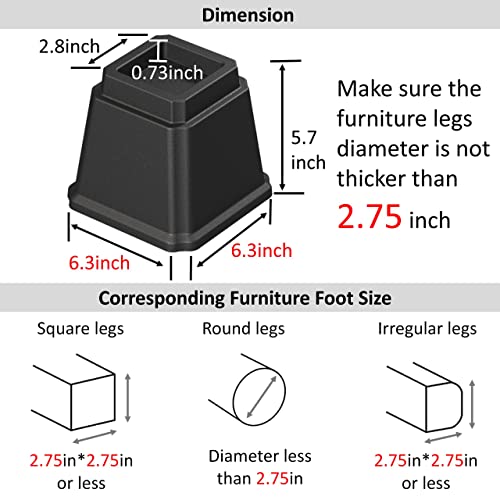 Whynonap Bed Risers Heavy Duty 5 Inches Bed Elevators, Set of 6 Lifts Up 3,000 lbs Furniture Riser for Sofa and Table, Black - Image 5