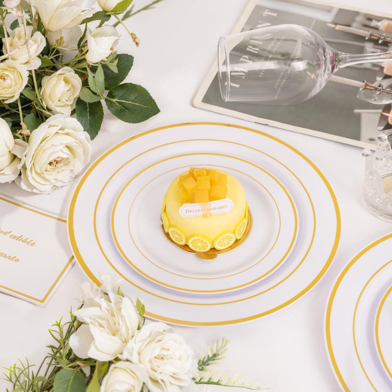 NOCCUR 200PCS Gold Plastic Plates - 100 Dinner / 100 Dessert Disposable Plates Heavy Duty - Ideal for Wedding/Party/New Year - Image 4