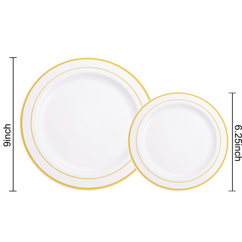 NOCCUR 200PCS Gold Plastic Plates - 100 Dinner / 100 Dessert Disposable Plates Heavy Duty - Ideal for Wedding/Party/New Year - Image 2