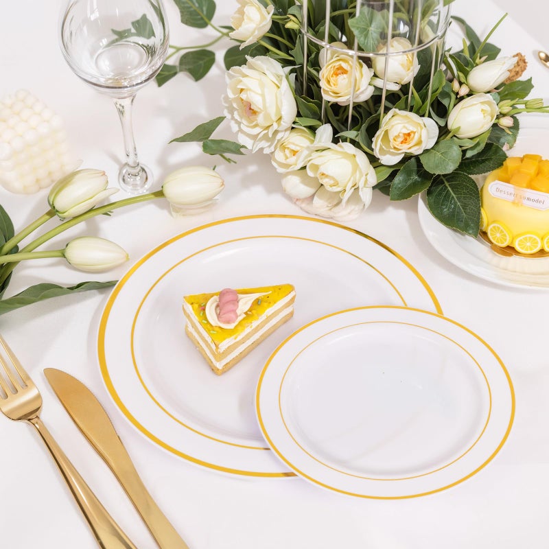 NOCCUR 200PCS Gold Plastic Plates - 100 Dinner / 100 Dessert Disposable Plates Heavy Duty - Ideal for Wedding/Party/New Year - Image 5