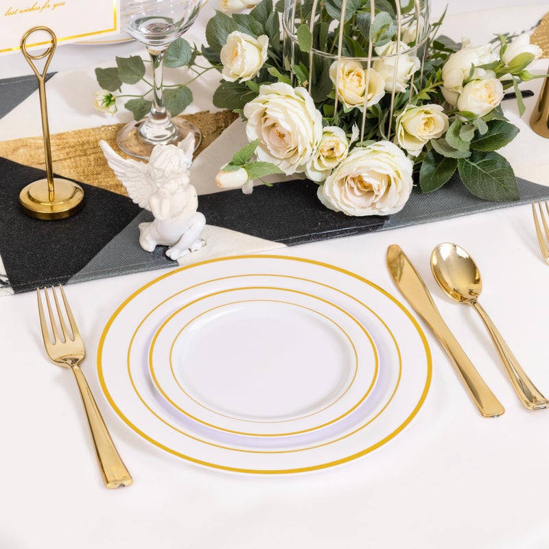 NOCCUR 200PCS Gold Plastic Plates - 100 Dinner / 100 Dessert Disposable Plates Heavy Duty - Ideal for Wedding/Party/New Year - Image 3