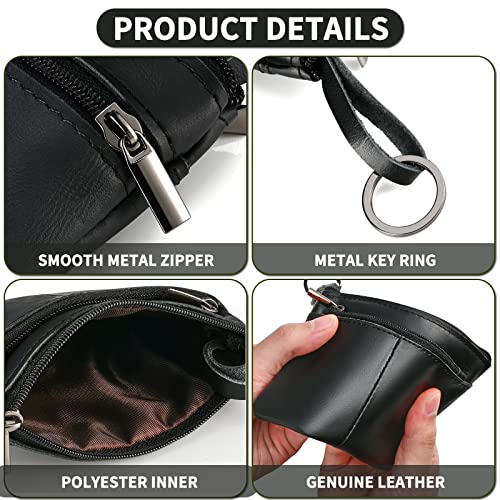 Lidwot Black Genuine Leather Multi-Functional Wallet - Compact Card Holder, Coin Purse & Key Organizer with 3 Zippers, Built-in Key Ring, Perfect for Travel, Work & Daily Use - Image 4
