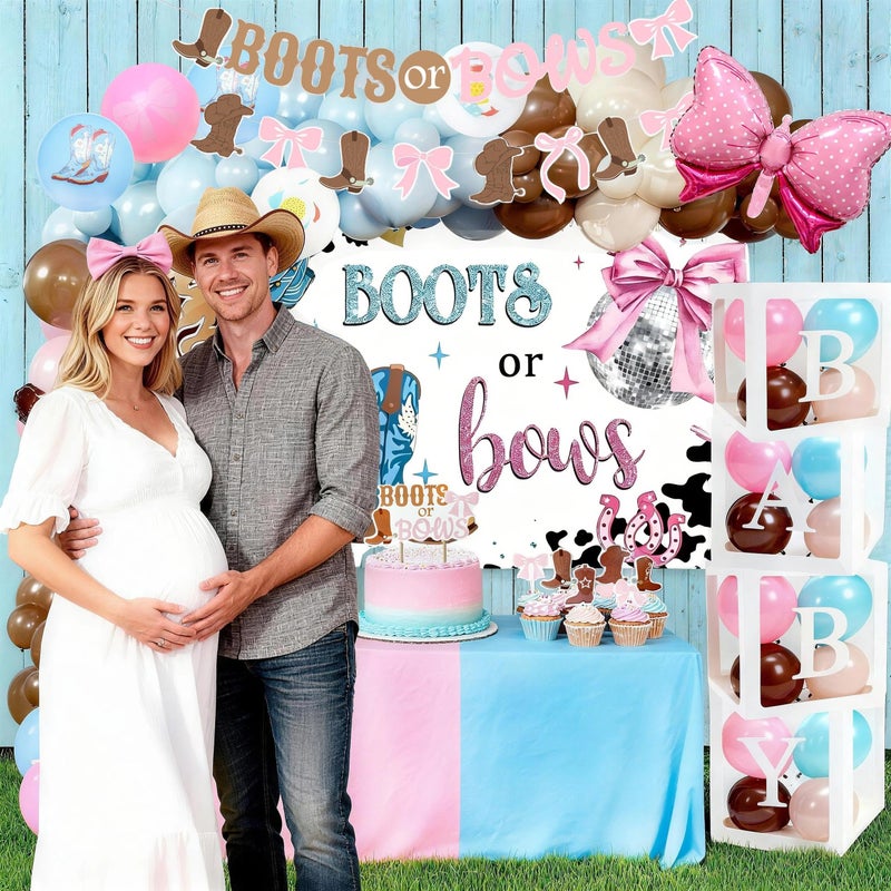 J6&H6 155pcs Boots or Bows Gender Reveal Decorations Party Supplies Included Balloon Arch Set, Balloon Box Boots and Bow Arrangements Background Spiral Hanging Cards for a Gender Reveal Party Decorations - Image 3