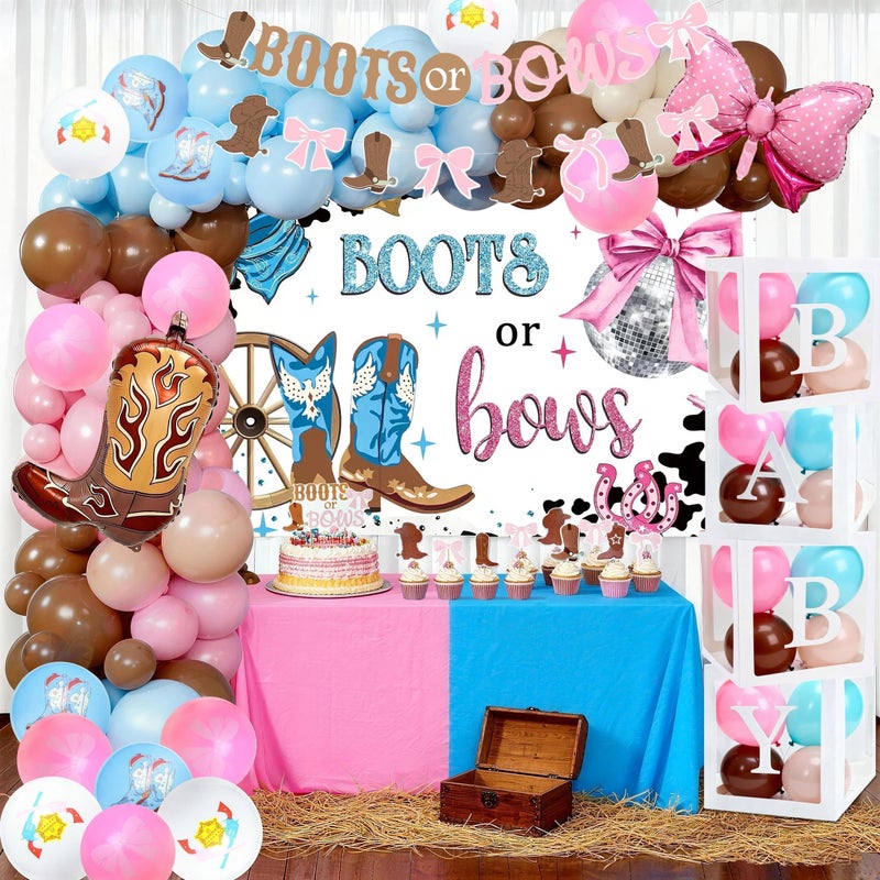 J6&H6 155pcs Boots or Bows Gender Reveal Decorations Party Supplies Included Balloon Arch Set, Balloon Box Boots and Bow Arrangements Background Spiral Hanging Cards for a Gender Reveal Party Decorations - Image 1
