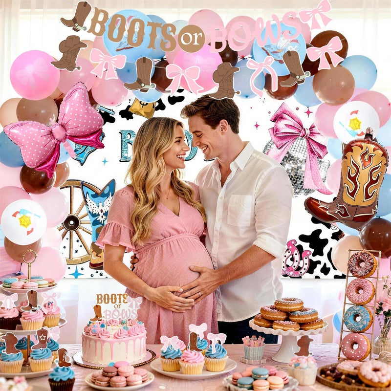 J6&H6 155pcs Boots or Bows Gender Reveal Decorations Party Supplies Included Balloon Arch Set, Balloon Box Boots and Bow Arrangements Background Spiral Hanging Cards for a Gender Reveal Party Decorations - Image 5
