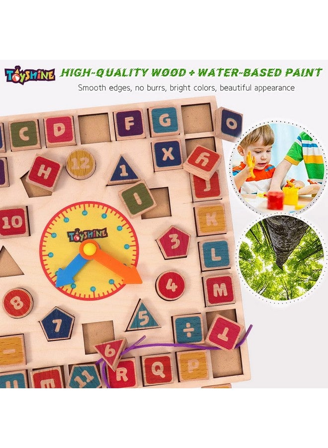 Toyshine toyshine 3 in 1 wooden puzzle clock, abc and lacing beads, shape sorting blocks teaching clock with geometry numbers- Multi color  - Image 2
