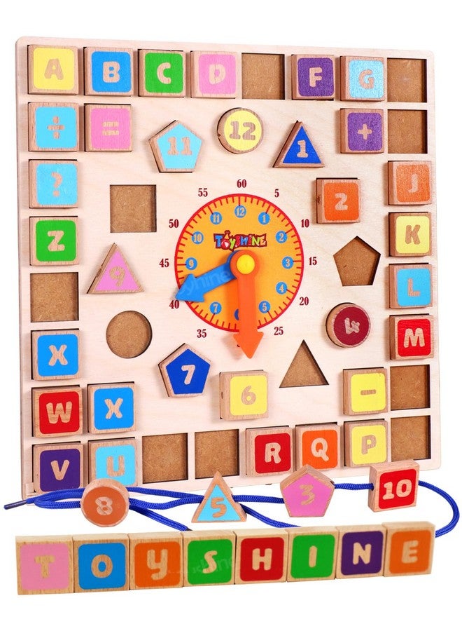 Toyshine toyshine 3 in 1 wooden puzzle clock, abc and lacing beads, shape sorting blocks teaching clock with geometry numbers- Multi color  - Image 1