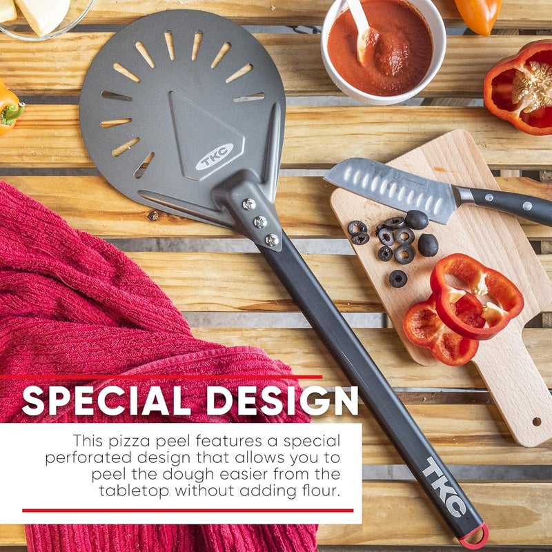TKC 8" Perforated Pizza Peel - Professional Aluminum Pizza Turning peel - Long Handle Metal Pizza Spatula for Indoor and Outdoor - Lightweight Non-Stick Pizza Turner - Pizza Oven Accessories - Image 5
