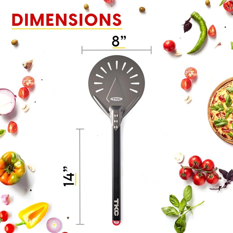TKC 8" Perforated Pizza Peel - Professional Aluminum Pizza Turning peel - Long Handle Metal Pizza Spatula for Indoor and Outdoor - Lightweight Non-Stick Pizza Turner - Pizza Oven Accessories - Image 2