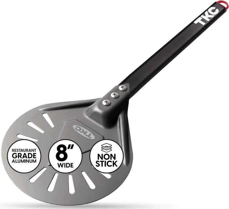 TKC 8" Perforated Pizza Peel - Professional Aluminum Pizza Turning peel - Long Handle Metal Pizza Spatula for Indoor and Outdoor - Lightweight Non-Stick Pizza Turner - Pizza Oven Accessories - Image 1