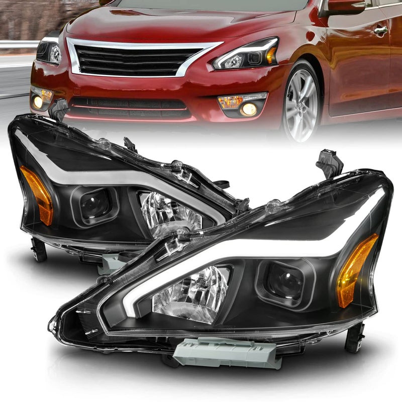 AmeriLite for 20132015 Nissan Altima 4 Door Sedan LED Tube Black Square Projector Headlights Set  Passenger and Driver Side