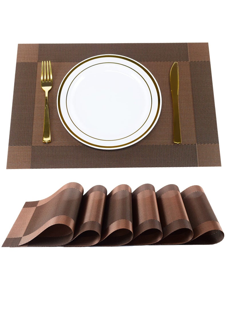 مفارش طاولة الطعام، مفارش طاولة طعام المطبخ، مفارش طاولة من البولي فينيل كلوريد مقاومة للحرارة ومضادة للانزلاق وقابلة للغسل، مفارش أطباق من الفينيل المنسوجة سهلة التنظيف (بني، 6 عبوات) - Image 1