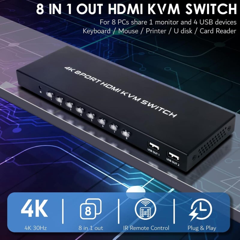 DGODRT HDMI KVM Switch 8 Port, 4K@30Hz USB KVM Switcher for 8 Computers Share 1 Monitor and 4 USB Devices, 8X1 Switches with Adaptive EDID Wired Remote and 8 HDMI&USB KVM Cables - Image 4