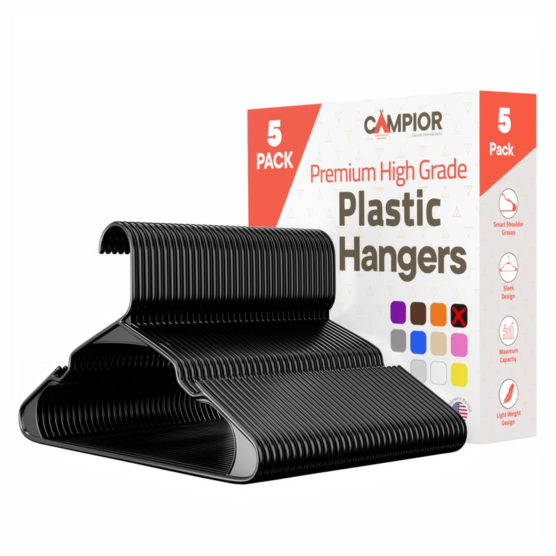 Campior Black Plastic Hangers 5 Pack- Heavy-Duty Plastic Hangers Slim And Space-Saving Hangers  Durable And Lightweight Pp Hangers With Non-Slip Shoulder Notches For Slip Dresses  Suits  Jackets & Camisoles - Image 1