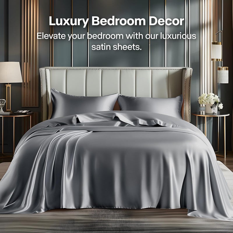 BEDELITE Satin Sheets Full XL Size Bed Set, Luxury Soft Dark Grey Silky Sheets for Hair and Skin, Similar to Silk Bed Sheets Set 4 Pieces with 1 Deep Pocket Fitted Sheet, 1 Flat Sheet, 2 Pillowcases - Image 2