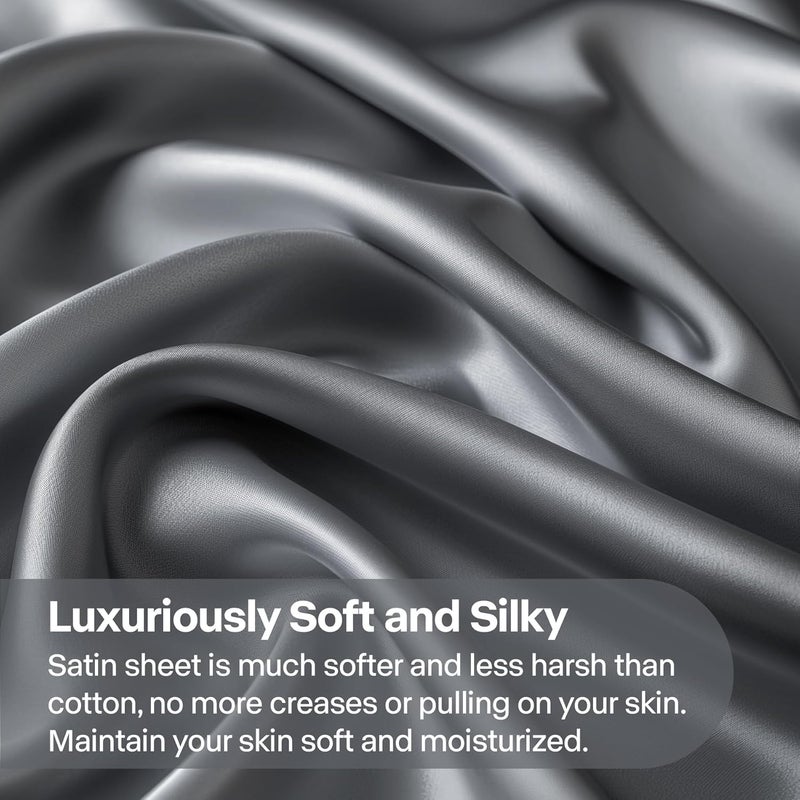BEDELITE Satin Sheets Full XL Size Bed Set, Luxury Soft Dark Grey Silky Sheets for Hair and Skin, Similar to Silk Bed Sheets Set 4 Pieces with 1 Deep Pocket Fitted Sheet, 1 Flat Sheet, 2 Pillowcases - Image 3