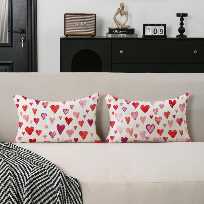 TAJWE Valentine Pillow Covers 12x20 Inch Set of 2 Red Pink Purple Heart Pillow Cases Valentineâ€™s Day Wedding February Holiday Farmhouse Decorative Lumbar Cushion Covers for Sofa Couch Home Decor - Image 2