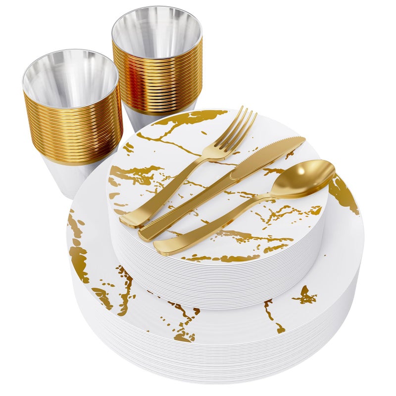 JOLLY PARTY 180PCS Disposable Dinnerware Set 30 Guest 60 White and Gold Plastic Plates 30 Plastic Silverware 30 Cups Marble Design Disposable Dinnerware for Wedding and Parties