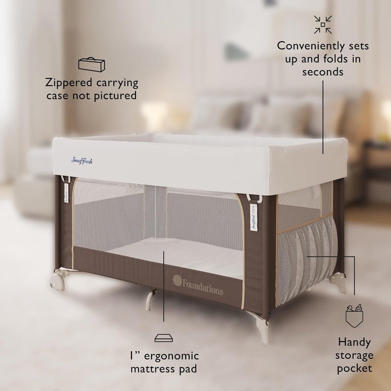 Foundations SnugFresh Elite Baby Play Yard with Wheels and Washable Cover CommercialGrade Portable Play Pen for Toddlers  Infants with Pack and Play Mattress Foldable for Travel  Sahara - Image 2