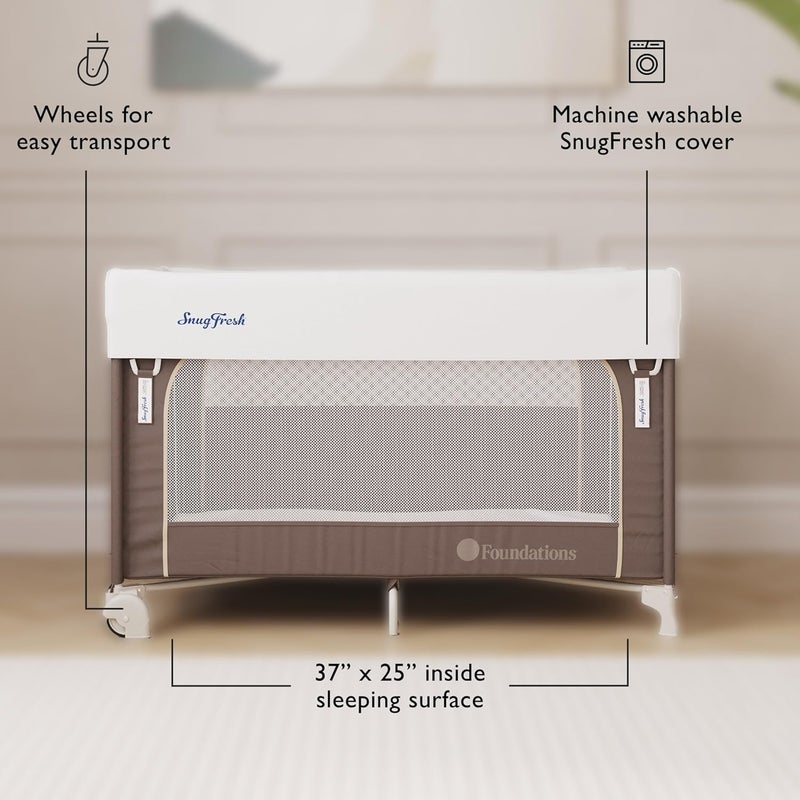 Foundations SnugFresh Elite Baby Play Yard with Wheels and Washable Cover CommercialGrade Portable Play Pen for Toddlers  Infants with Pack and Play Mattress Foldable for Travel  Sahara - Image 3