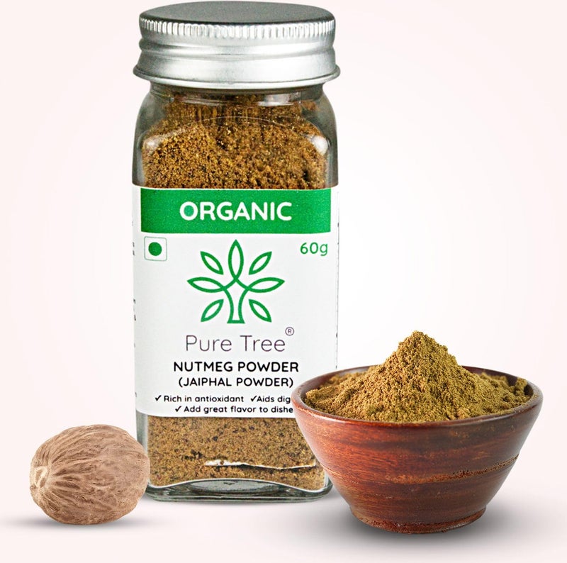 Pure Tree Certified Organic Nutmeg Powder | 60 g | Glass Jar | Grounded Jaiphal, Jathikai Powder | Jaifal Powder for Baby | Jayfal, Myristica Fragrans - Image 1