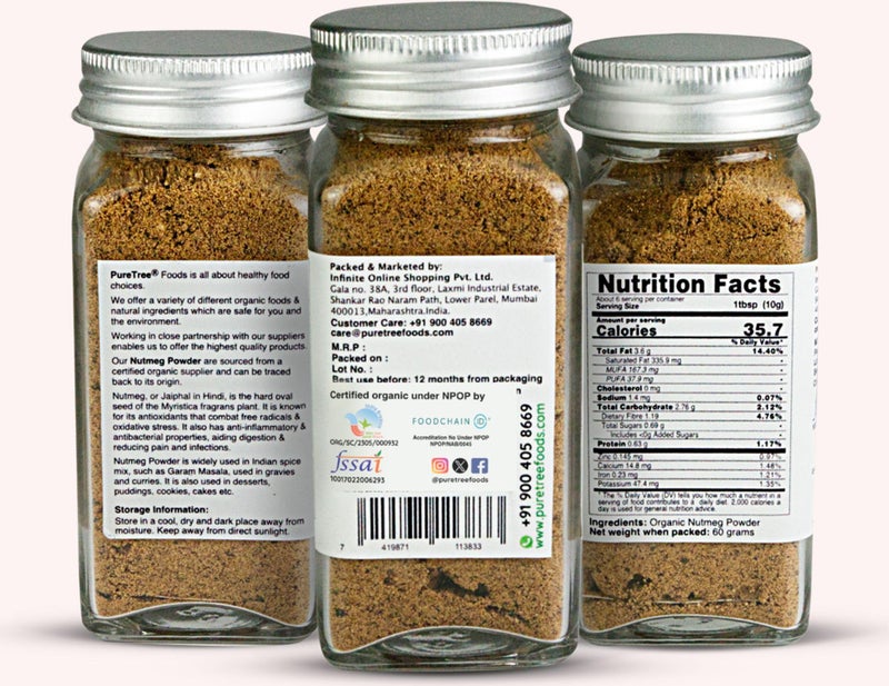 Pure Tree Certified Organic Nutmeg Powder | 60 g | Glass Jar | Grounded Jaiphal, Jathikai Powder | Jaifal Powder for Baby | Jayfal, Myristica Fragrans - Image 2