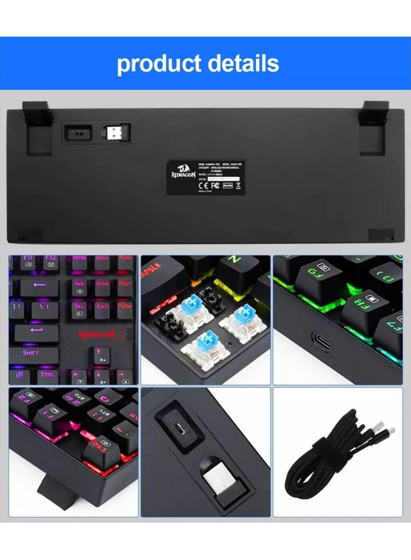 REDRAGON K552 KUMARA PRO RGB Wireless Gaming Mechanical Keyboard - Blue Switches - Wireless 2.4Ghz | Bluetooth | Wired Type C Cable(Black) - Image 5