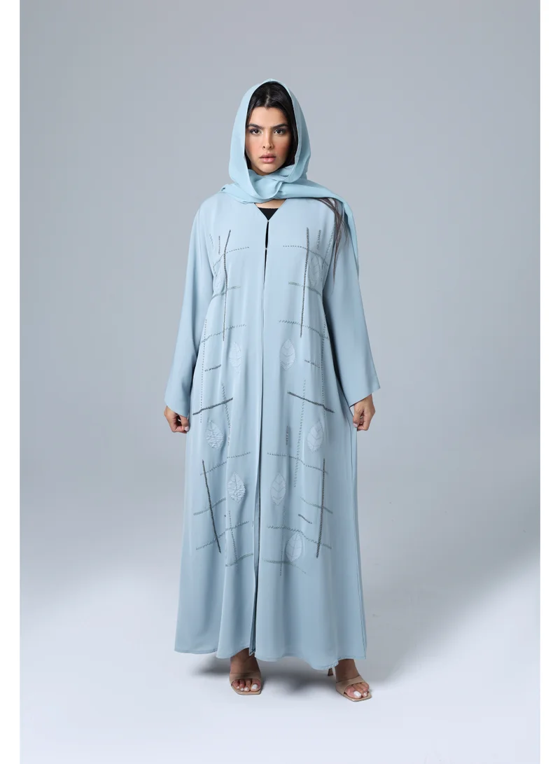 IKKXA Embroidery Design Leaves Colored Abaya Blue