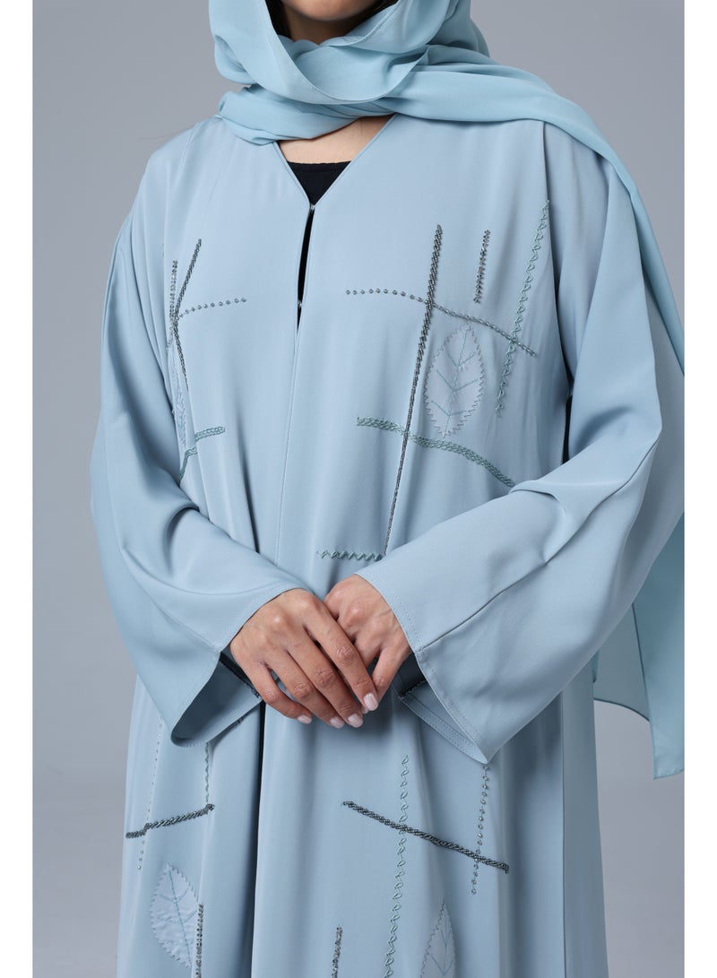 IKKXA Embroidery Design Leaves Colored Abaya Blue - Image 2